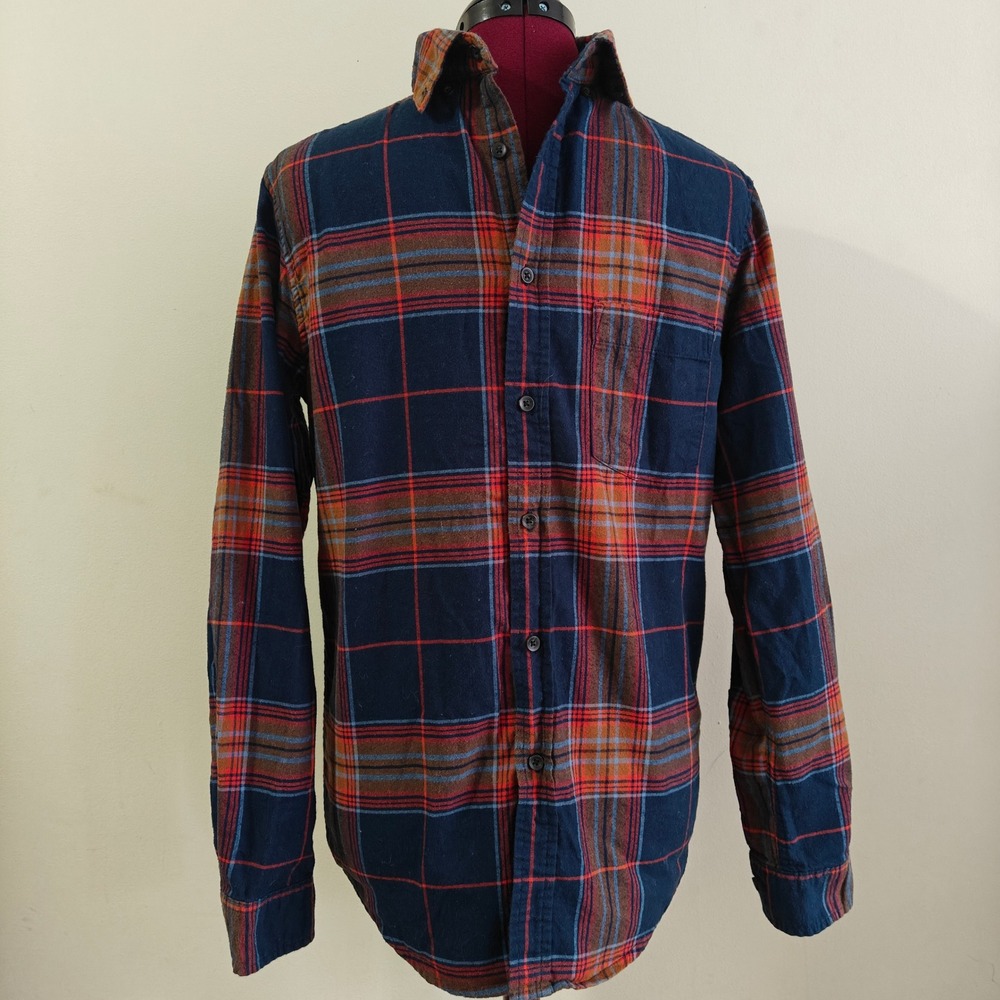 Goodfellow & Co Mens Flannel Long Sleeve Button Up Shirt Navy Orange Plaid Small